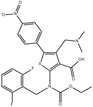 2-((2,6-difluorobenzyl)(ethoxycarbonyl)amino)-4-((dimethylamino)methyl)-5-(4-nitrophenyl)thiophene-3-carboxylic acid Structure