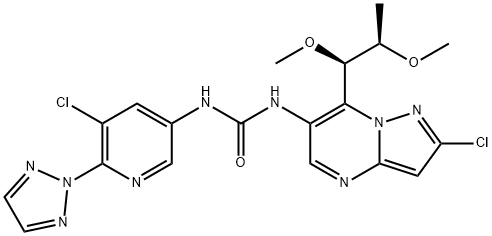 Urea, N-[2-chloro-7-[(1R,2R)-1,2-dimethoxypropyl]pyrazolo[1,5-a]pyrimidin-6-yl]-N'-[5-chloro-6-(2H-1,2,3-triazol-2-yl)-3-pyridinyl]- Struktur