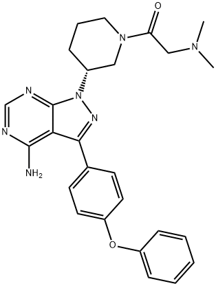1-[(3R)-3α-[4-アミノ-3-(4-フェノキシフェニル)-1H-ピラゾロ[3,4-d]ピリミジン-1-イル]ピペリジノ]-2-(ジメチルアミノ)エタノン 化学構造式