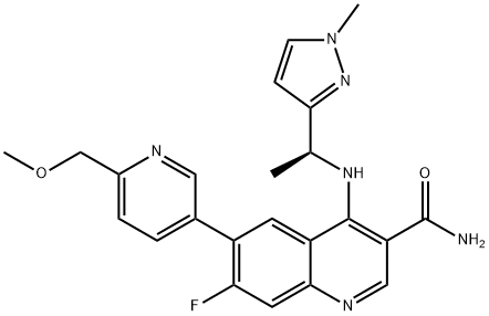 (S)-7-fluoro-6-(6-(methoxymethyl)pyridin-3-yl)-4-((1-(1-methyl-1H-pyrazol-3-yl)ethyl)amino)quinoline-3-carboxamide Structure