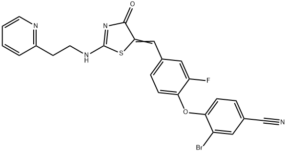 5-[4-(2-ブロモ-4-シアノフェノキシ)-3-フルオロベンジリデン]-2-[2-(2-ピリジル)エチルアミノ]チアゾール-4(5H)-オン 化学構造式