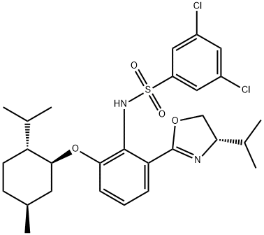 Benzenesulfonamide, 3,5-dichloro-N-[2-[(4S)- 4,5-dihydro-4-(1-methylethyl)-2-oxazolyl]-6- [[(1S,2R,5S)-5-methyl-2-(1- methylethyl)cyclohexyl]oxy]phenyl]- Struktur