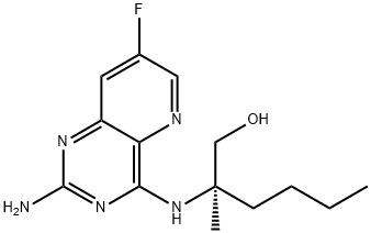 1-Hexanol, 2-[(2-amino-7-fluoropyrido[3,2-d]pyrimidin-4-yl)amino]-2-methyl-, (2R)- Struktur