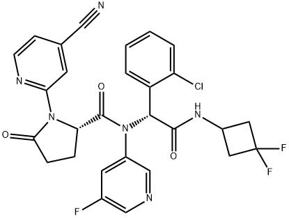 (S)-N-((R)-1-(2-chlorophenyl)-2-((3,3-difluorocyclobutyl)amino)-2-oxoethyl)-1-(4-cyanopyridin-2-yl)-N-(5-fluoropyridin-3-yl)-5-oxopyrrolidine-2-carboxamide, 2070009-31-1, 结构式