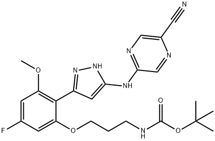 tert-butyl (3-(2-(3-((5-cyanopyrazin-2-yl)amino)-1H-pyrazol-5-yl)-5-fluoro-3-methoxyphenoxy)propyl)carbamate,2120398-96-9,结构式
