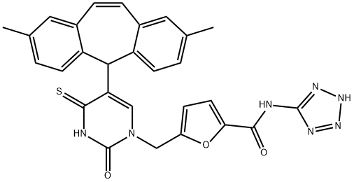 5-[[5-(2,8-Dimethyl-5H-dibenzo[a,d]cyclohepten-5-yl)-3,4-dihydro-2-oxo-4-thioxo-1(2H)-pyrimidinyl]methyl]-N-2H-tetrazol-5-yl-2-furancarboxamide Struktur