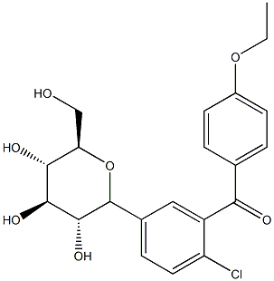 (2-Chloro-5-((3R,4R,5S,6R)-3,4,5-trihydroxy-6-(hydroxymethyl)tetrahydro-2H-pyran-2-yl)phenyl)(4-ethoxyphenyl)methanone 化学構造式