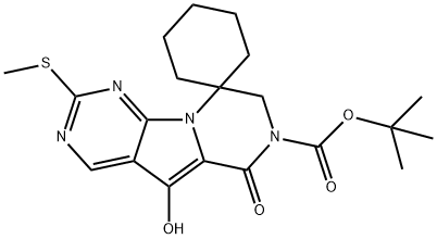 Spiro[cyclohexane-1,9'(6'H)-pyrazino[1',2':1,5]pyrrolo[2,3-d]pyrimidine]-7'(8'H)-carboxylic acid, 5'-hydroxy-2'-(methylthio)-6'-oxo-, 1,1-dimethylethyl ester 化学構造式