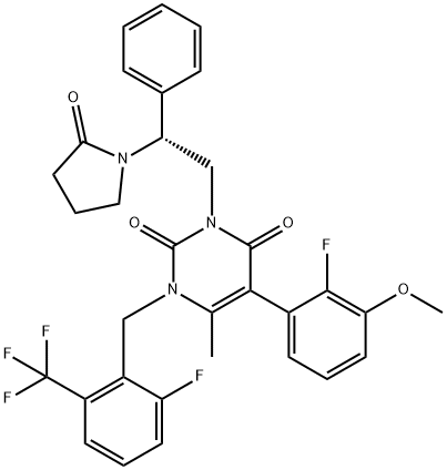 (R)-5-(2-fluoro-3-methoxyphenyl)-1-(2-fluoro-6-(trifluoromethyl)benzyl)-6-methyl-3-(2-(2-oxopyrrolidin-1-yl)-2-phenylethyl)pyrimidine-2,4(1H,3H)-dione Structure