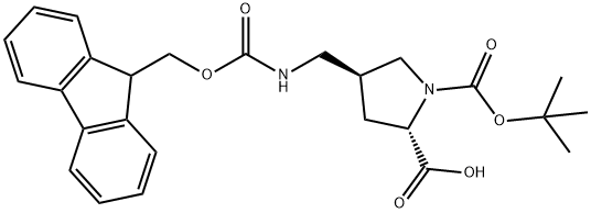 (2S,4S)-4-[(9H-fluoren-9-ylmethoxycarbonylamino)methyl]-1-[(2-methylpropan-2-yl)oxycarbonyl]pyrrolidine-2-carboxylic acid Struktur