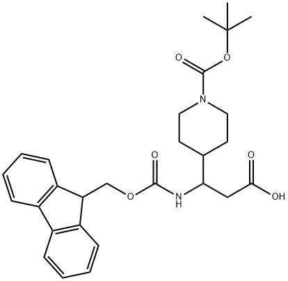 3-{1-[(tert-butoxy)carbonyl]piperidin-4-yl}-3-({[(9H-fluoren-9-yl)methoxy]carbonyl}amino)propanoic acid Struktur