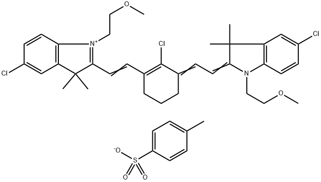 5-Chloro-2-[2-(2-chloro-3-{2-[5-chloro-1-(2-methoxy-ethyl)-3,3-dimethyl-1,3-dihydro-indol-2-ylidene]-ethylidene}-cyclohex-1-enyl)-vinyl]-1-(2-methoxy-ethyl)-3,3-dimethyl-3H-indolium 4-methylbenzenesulfonate Structure