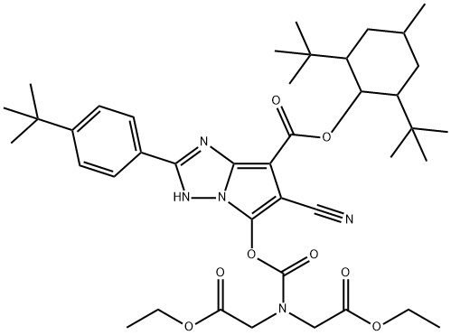1H-吡咯并[1,2-b][1,2,4]三唑-7-羧酸，5-[[[双(2-乙氧基-2-氧乙基)氨基]羰基]氧基]-6-氰基- 2-[4-(1,1-二甲基乙基)苯基]-2,6-双(1,1-二甲基乙基)-4-甲基环己酯,444065-11-6,结构式