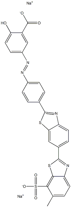Benzoic acid, 2-hydroxy-5-[[4-(6-methyl-7-sulfo[2,6'-bibenzothiazol]-2'-yl)phenyl]azo]-, disodium salt Struktur