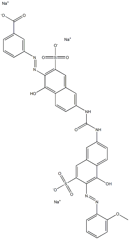 Benzoic acid, 3-[[1-hydroxy-6-[[[[5-hydroxy-6-[(2-methoxyphenyl)azo]-7-sulfo-2-naphthalenyl]amino]carbonyl]amino]-3-sulfo-2-naphthalenyl]azo]-, trisodium salt Struktur