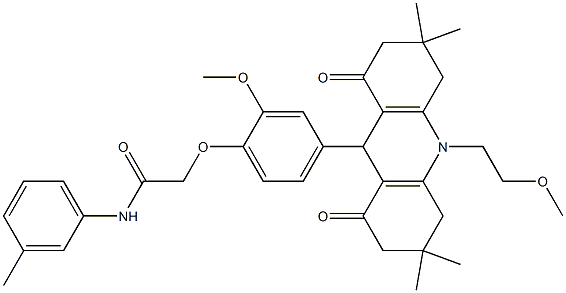 2-{2-methoxy-4-[10-(2-methoxyethyl)-3,3,6,6-tetramethyl-1,8-dioxo-1,2,3,4,5,6,7,8,9,10-decahydroacridin-9-yl]phenoxy}-N-(3-methylphenyl)acetamide Struktur