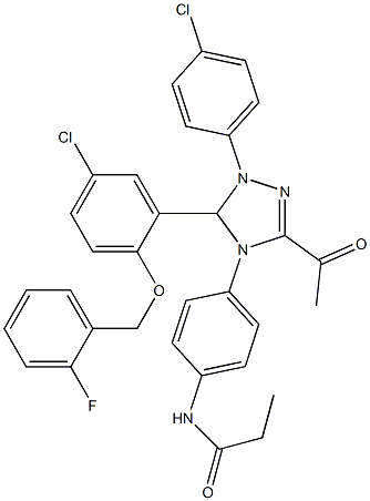 N-{4-[3-acetyl-5-{5-chloro-2-[(2-fluorobenzyl)oxy]phenyl}-1-(4-chlorophenyl)-1,5-dihydro-4H-1,2,4-triazol-4-yl]phenyl}propanamide Struktur