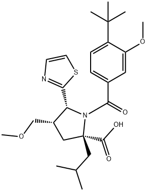 (2S,4S,5R)-1-(4-(tert-Butyl)-3-methoxybenzoyl)-2-isobutyl-4-(methoxymethyl)-5-(thiazol-2-yl)pyrrolidine-2-carboxylic acid 结构式