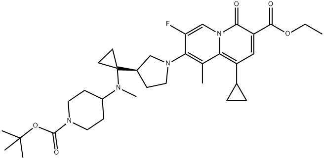 ethyl (R)-8-(3-(1-((1-(tert-butoxycarbonyl)piperidin-4-yl)(methyl)amino)cyclopropyl)pyrrolidin-1-yl)-1-cyclopropyl-7-fluoro-9-methyl-4-oxo-4H-quinolizine-3-carboxylate 结构式