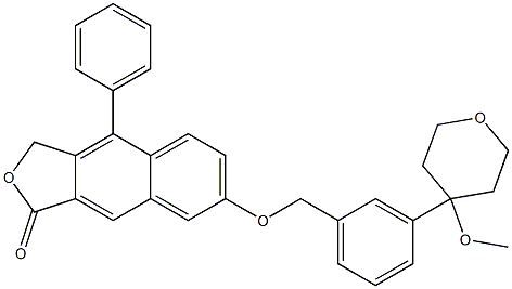 7-((3-(4-methoxytetrahydro-2H-pyran-4-yl)phenyl)methoxy)-4-phenylnaphtho(2,3-c)furan-1(3H)-one Struktur