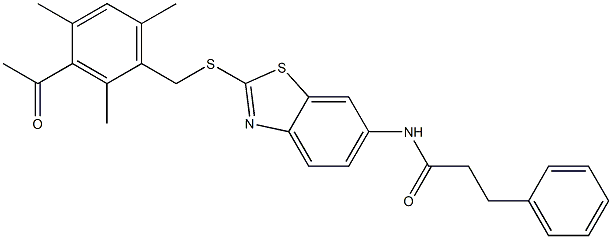 N-{2-[(3-acetyl-2,4,6-trimethylbenzyl)sulfanyl]-1,3-benzothiazol-6-yl}-3-phenylpropanamide Struktur