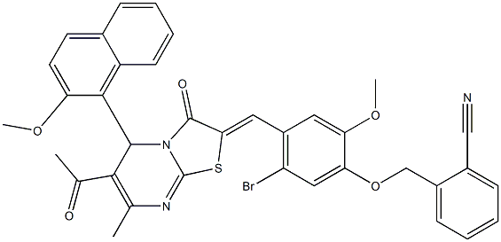 2-[(4-{[6-acetyl-5-(2-methoxy-1-naphthyl)-7-methyl-3-oxo-5H-[1,3]thiazolo[3,2-a]pyrimidin-2(3H)-ylidene]methyl}-5-bromo-2-methoxyphenoxy)methyl]benzonitrile Struktur