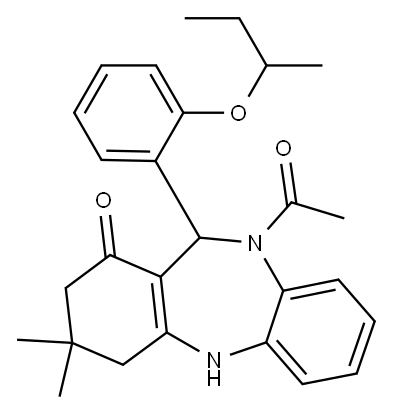10-acetyl-11-(2-sec-butoxyphenyl)-3,3-dimethyl-2,3,4,5,10,11-hexahydro-1H-dibenzo[b,e][1,4]diazepin-1-one Struktur
