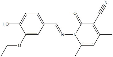 1-{[(E)-(3-ethoxy-4-hydroxyphenyl)methylidene]amino}-4,6-dimethyl-2-oxo-1,2-dihydro-3-pyridinecarbonitrile 化学構造式