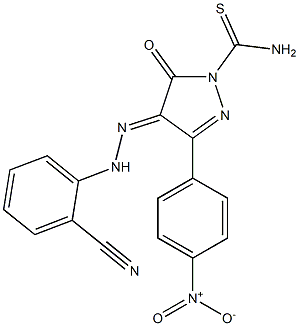 4-[(E)-2-(2-cyanophenyl)hydrazono]-3-(4-nitrophenyl)-5-oxo-4,5-dihydro-1H-pyrazole-1-carbothioamide Struktur