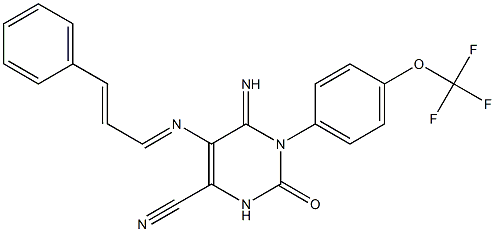 6-imino-2-oxo-5-{[(E,2E)-3-phenyl-2-propenylidene]amino}-1-[4-(trifluoromethoxy)phenyl]-1,2,3,6-tetrahydro-4-pyrimidinecarbonitrile Struktur