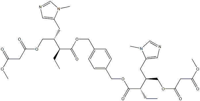 Benzene-1,4-dimethanol bis[(2S,3R)-4-(1-methyl-1H-imidazol-5-yl)-2-ethyl-3-[[(methoxycarbonyl)acetoxy]methyl]butyrate] Struktur