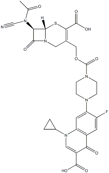 (7R)-7-[Cyanoacetylamino]-3-[[4-[(1-cyclopropyl-6-fluoro-3-carboxy-1,4-dihydro-4-oxoquinolin)-7-yl]-1-piperazinylcarbonyloxy]methyl]cepham-3-ene-4-carboxylic acid Struktur