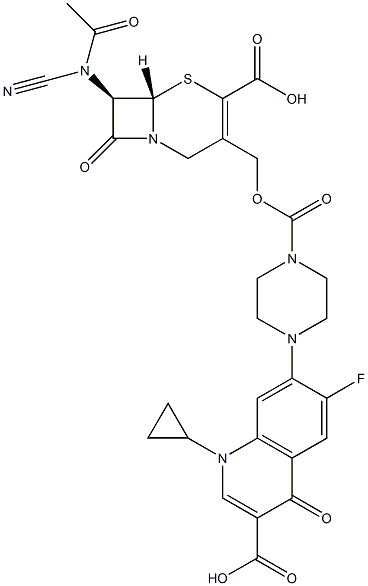(7R)-7-[Cyanoacetylamino]-3-[[4-[(1-cyclopropyl-6-fluoro-3-carboxy-1,4-dihydro-4-oxoquinolin)-7-yl]-1-piperazinylcarbonyloxy]methyl]cepham-3-ene-4-carboxylic acid
