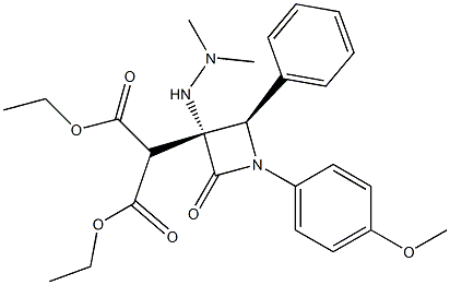 2-[(3R,4R)-3-(2,2-Dimethylhydrazino)-1-(4-methoxyphenyl)-2-oxo-4-phenylazetidin-3-yl]malonic acid diethyl ester Struktur