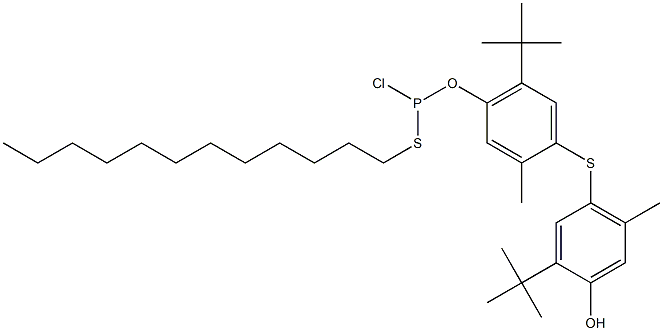 2-tert-ブチル-5-メチル-4-[5-tert-ブチル-4-[クロロ(ドデシルチオ)ホスフィノオキシ]-2-メチルフェニルチオ]フェノール 化学構造式