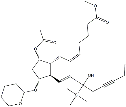 (5Z,8R,9S,11R,13E)-9-Acetyloxy-11-[(tetrahydro-2H-pyran)-2-yl]oxy-15-hydroxy-15-trimethylsilylprosta-5,13-dien-17-yn-1-oic acid methyl ester Structure