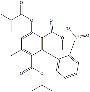 3-メチル-5-(2-メチルプロピオニルオキシ)-6-メトキシカルボニル-2'-ニトロ-1,1'-ビフェニル-2-カルボン酸イソプロピル 化学構造式