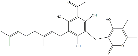3-[3-[[(2E)-3,7-ジメチル-2,6-オクタジエン]-1-イル]-2,4,6-トリヒドロキシ-5-アセチルベンジル]-4-ヒドロキシ-5,6-ジメチル-2H-ピラン-2-オン 化学構造式