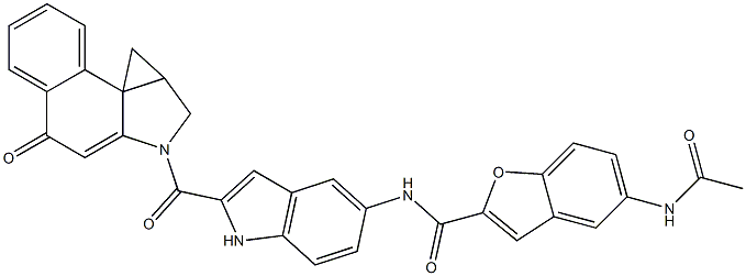 2-((5-((5-acetamino-1H-benzofuran-2-ylcarbonyl)amino)-1H-indol-2-yl)carbonyl)-1,2,9,9a-tetrahydrocyclopropa(c)benz(e)indol-4-one Struktur