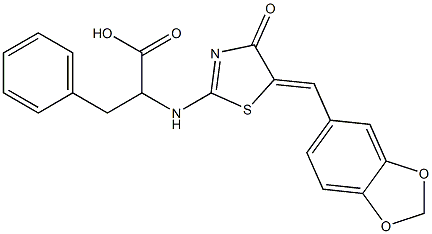 2-({5-[(E)-1,3-benzodioxol-5-ylmethylidene]-4-oxo-4,5-dihydro-1,3-thiazol-2-yl}amino)-3-phenylpropanoic acid Struktur