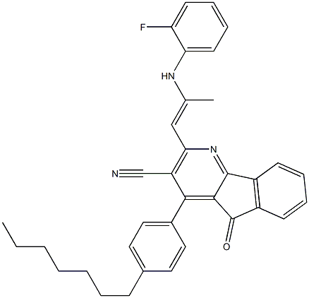 2-[(E)-2-(2-fluoroanilino)-1-propenyl]-4-(4-heptylphenyl)-5-oxo-5H-indeno[1,2-b]pyridine-3-carbonitrile Struktur