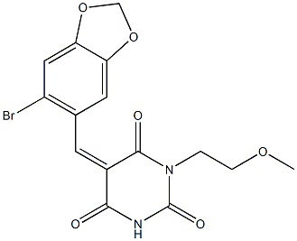 5-[(E)-(6-bromo-1,3-benzodioxol-5-yl)methylidene]-1-(2-methoxyethyl)-2,4,6(1H,3H,5H)-pyrimidinetrione Struktur