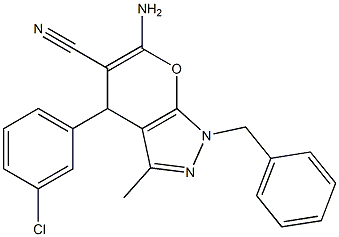 6-amino-4-(3-chlorophenyl)-3-methyl-1-(phenylmethyl)-1,4-dihydropyrano[2,3-c]pyrazole-5-carbonitrile Structure