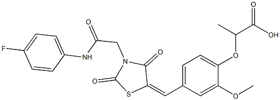 2-[4-({3-[2-(4-fluoroanilino)-2-oxoethyl]-2,4-dioxo-1,3-thiazolidin-5-ylidene}methyl)-2-methoxyphenoxy]propanoic acid Structure