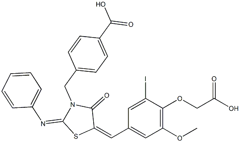 4-{[5-[4-(carboxymethoxy)-3-iodo-5-methoxybenzylidene]-4-oxo-2-(phenylimino)-1,3-thiazolidin-3-yl]methyl}benzoic acid 化学構造式