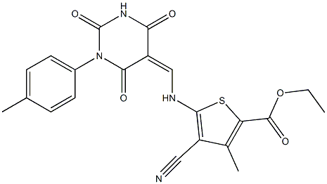 ethyl 4-cyano-3-methyl-5-{[(1-(4-methylphenyl)-2,4,6-trioxotetrahydro-5(2H)-pyrimidinylidene)methyl]amino}-2-thiophenecarboxylate Struktur