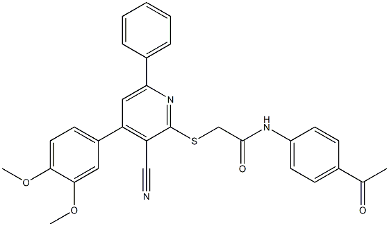 N-(4-acetylphenyl)-2-{[3-cyano-4-(3,4-dimethoxyphenyl)-6-phenyl-2-pyridinyl]sulfanyl}acetamide Struktur