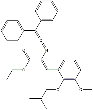 (Z)-2-[[2-(フェニル)-2-フェニルエテニリデン]アミノ]-3-[3-メトキシ-2-[(2-メチル-2-プロペニル)オキシ]フェニル]アクリル酸エチル 化学構造式