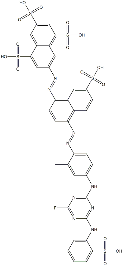 7-[[4-[[4-[[4-フルオロ-6-[(2-スルホフェニル)アミノ]-1,3,5-トリアジン-2-イル]アミノ]-2-メチルフェニル]アゾ]-7-スルホ-1-ナフチル]アゾ]-1,3,5-ナフタレントリスルホン酸 化学構造式