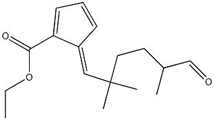 5-[(E)-5-ホルミル-2,2-ジメチルヘキシリデン]-1,3-シクロペンタジエン-1-カルボン酸エチル 化学構造式